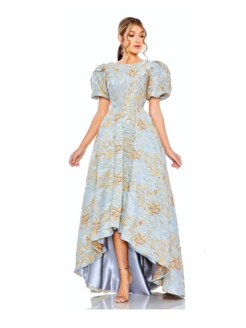 Mac Duggal 11608 Blue Gold Floral Jacquard High Low Gown NWT Size 6